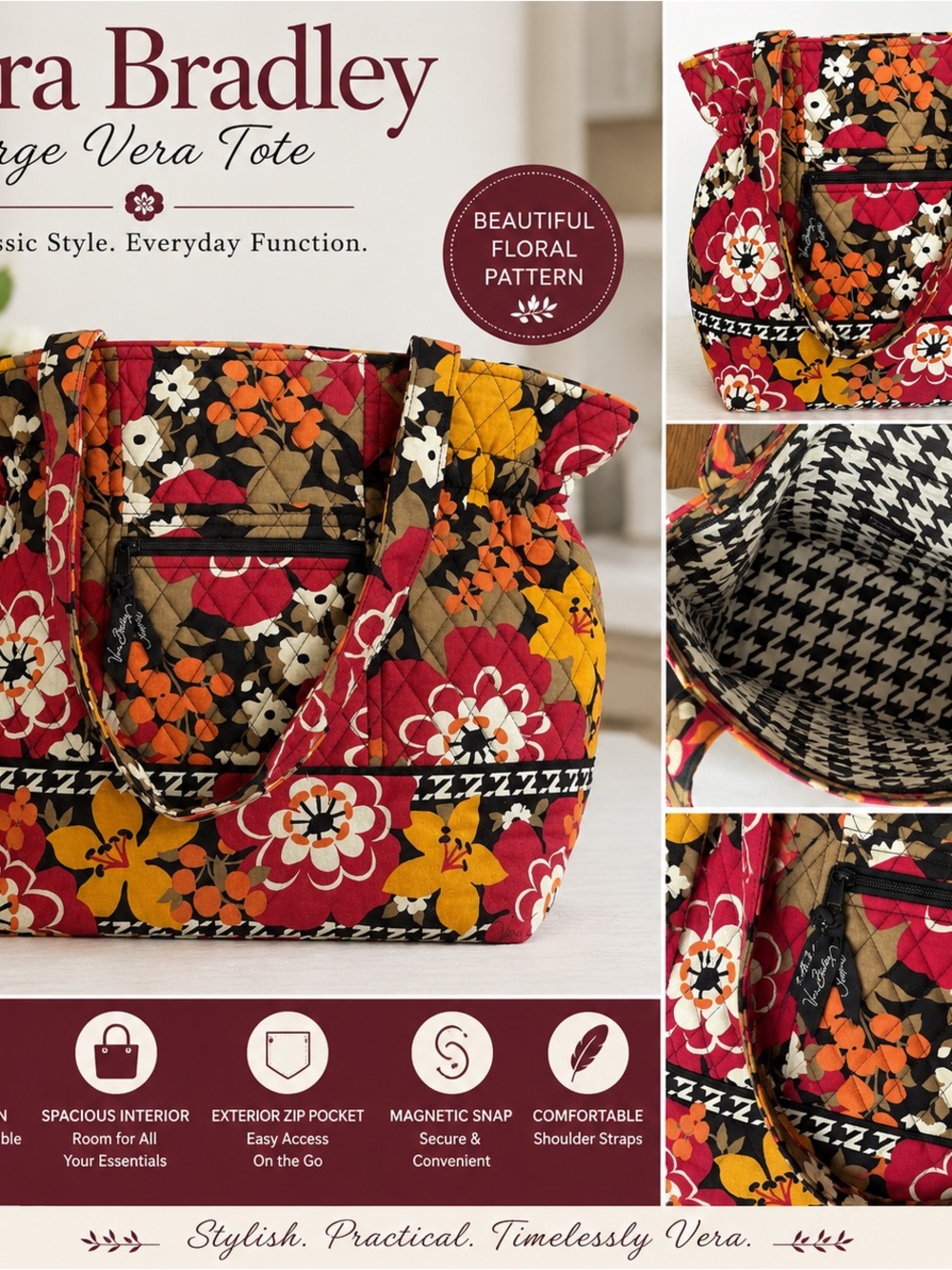 Vera Bradley Quilted Floral Tote in Red, Orange, Yellow